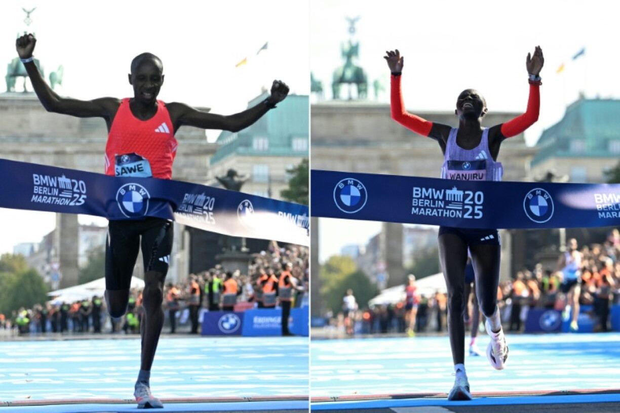 Kenyans Sabastian Sawe (L) and Rosemary Wanjiru won in Berlin in 2025. Sawe is out this year but Wanjiru will be back.