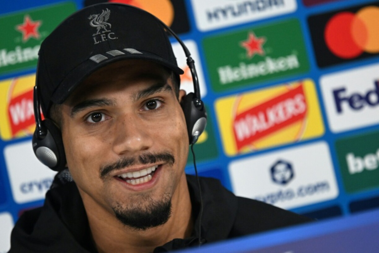 Liverpool defender Ronald Araujo speaks during a press conference at Anfield ahead of a Champions League tie against Villarreal