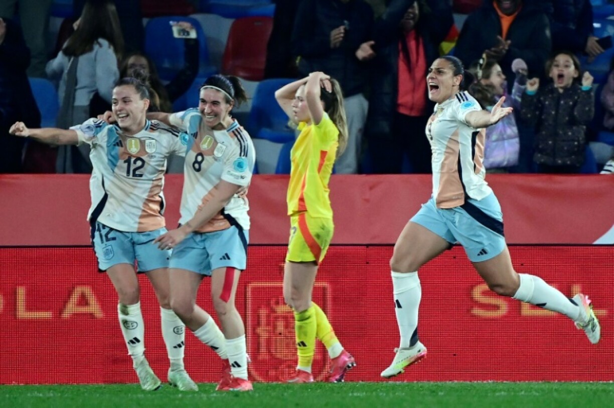Match winner: Cristina Martin-Prieto celebrates scoring Spain's third goal against Belgium