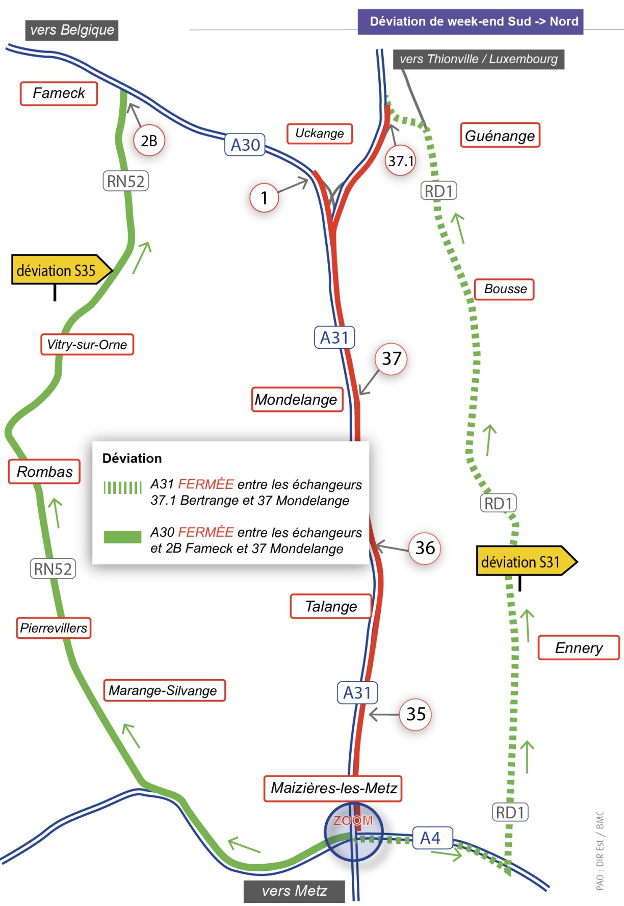 Les déviations obligatoires prévues en phase 2, lorsque l'autoroute A31 sera barrée le week-end.