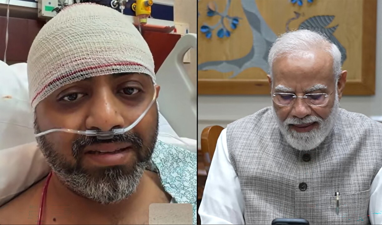 Cette capture d'écran tirée d'une vidéo publiée par la chaîne YouTube de Narendra Modi le 2 octobre 2026 montre le Premier ministre indien Narendra Modi (à droite) en train de passer un appel vidéo avec Smit Machchhar, pilote chez flydubai, alors que ce dernier se remet de ses blessures dans un hôpital des Émirats arabes unis.