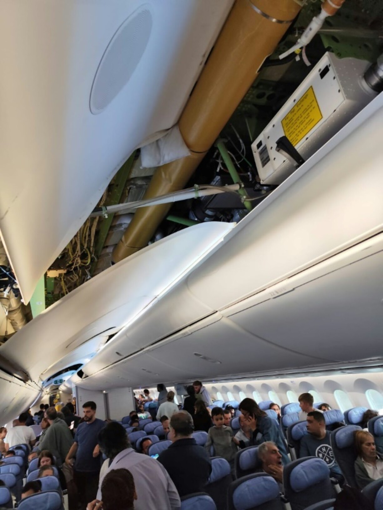 This UGC picture taken on July 1, 2024 and released as a courtesy by passenger Claudio Fernandez Arbes shows damages in an Air Europa Boeing 787-9 Dreamliner after it made an emergency landing in Natal, in northern Brazil, on July 1, 2024, after hitting strong turbulence on its way from Madrid to Montevideo