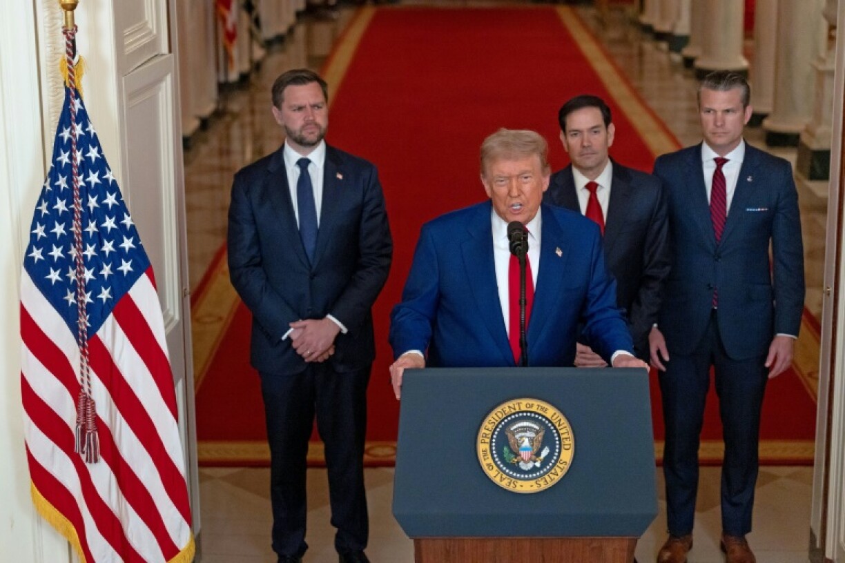 US President Donald Trump addresses the nation on striking Iran, alongside Vice President JD Vance, Secretary of State Marco Rubio and Secretary of Defense Pete Hegseth