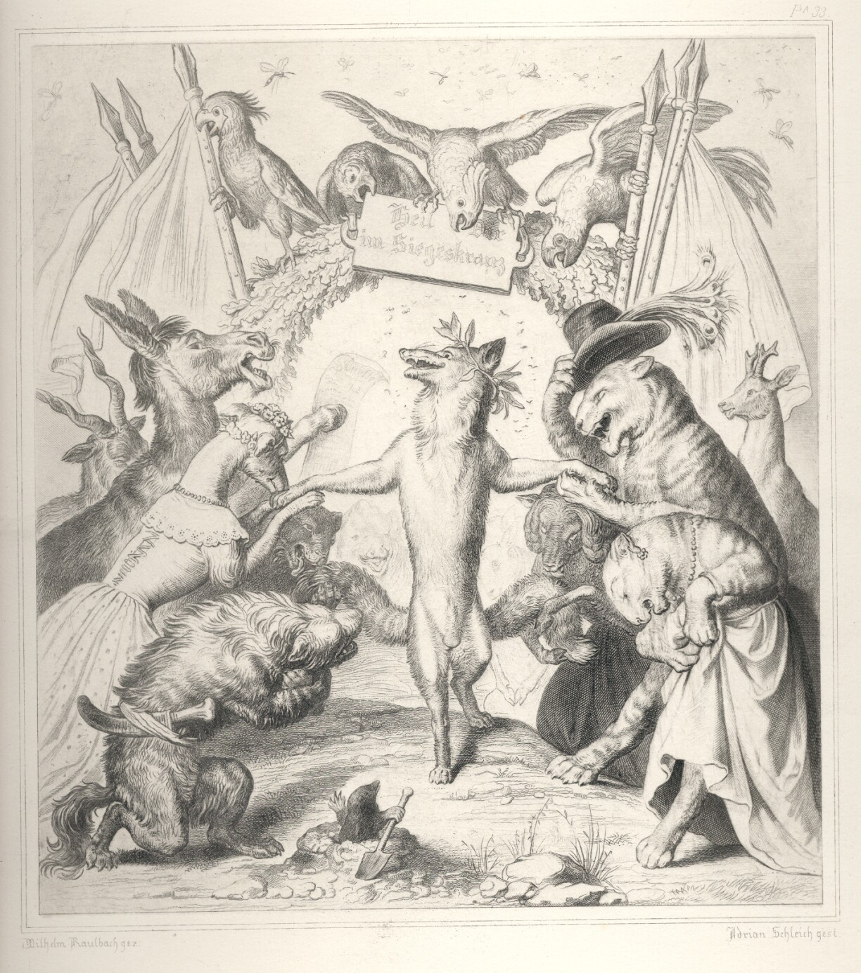 Illustration by Wilhelm von Kaulbach from 1846 depicting a victorious Reineke Fuchs.