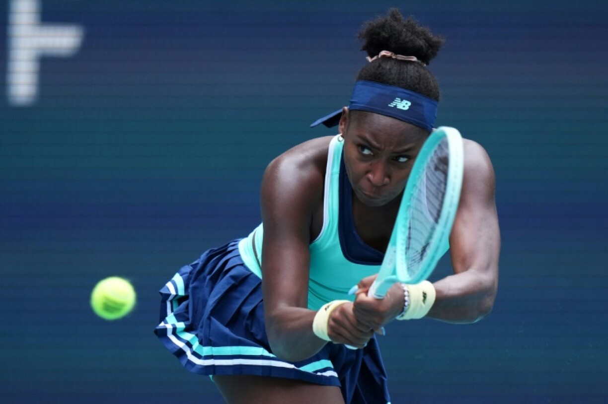 American Coco Gauff eyes a shot on the way to a victory over Maria Sakkari at the Miami Open