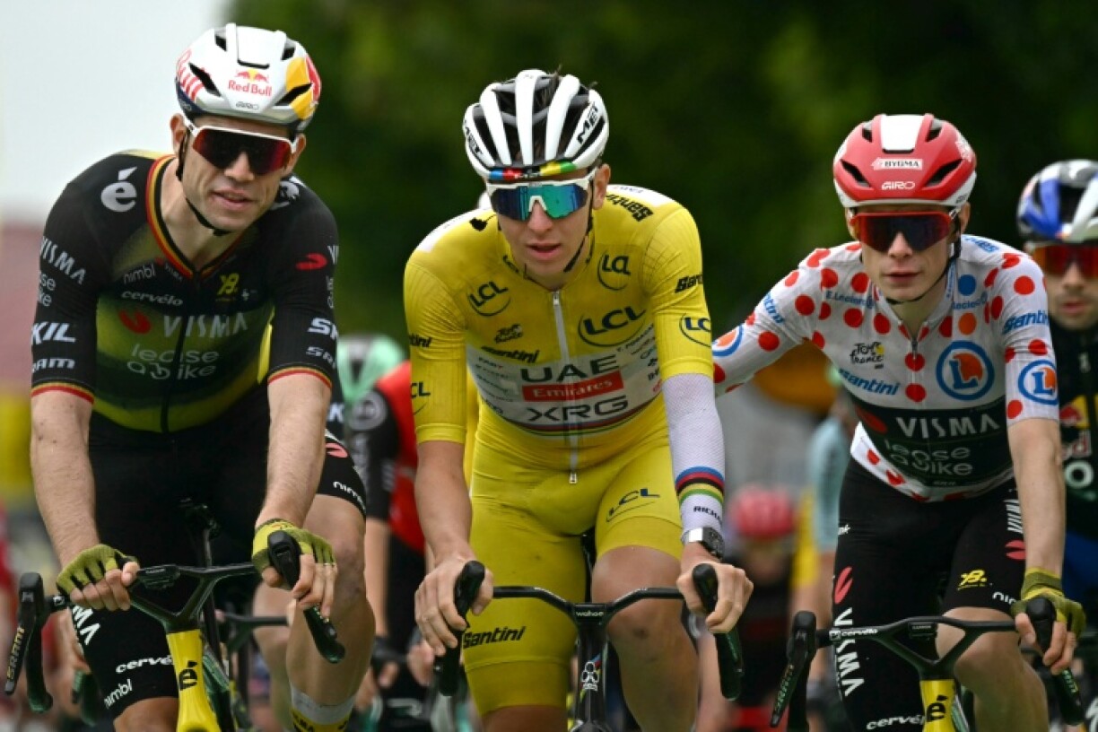 The 2026 Tour de France route offers champion Tadej Pogacar's (C) chief rivals such as Jonas Vingegaard (R) more hope than the 2025 edition did