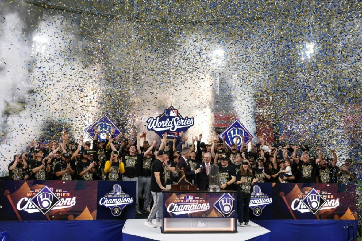 The Milwaukee Brewers celebrate during the trophy presentation after beating the Tampa Bay Rays for a first World Series title in franchise history