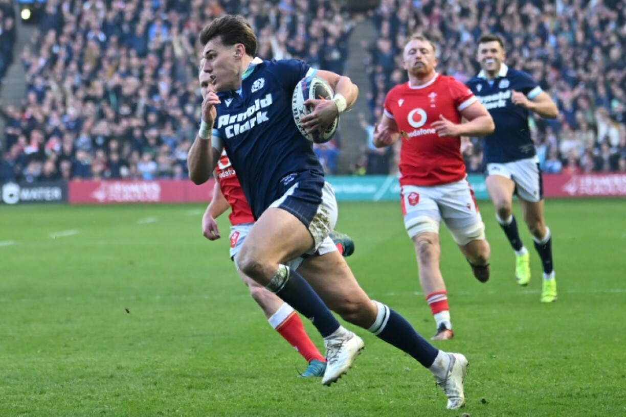 Scotland centre Tom Jordan runs in a try against Wales at Murrayfield