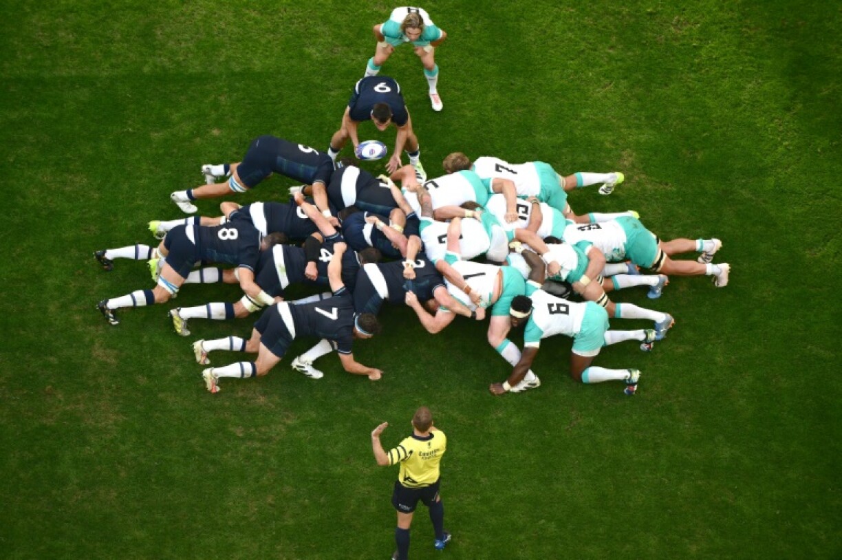 La mêlée sud-africaine le 10 septembre 2023 lors de la victoire des Springboks face à l'Ecosse à Marseille