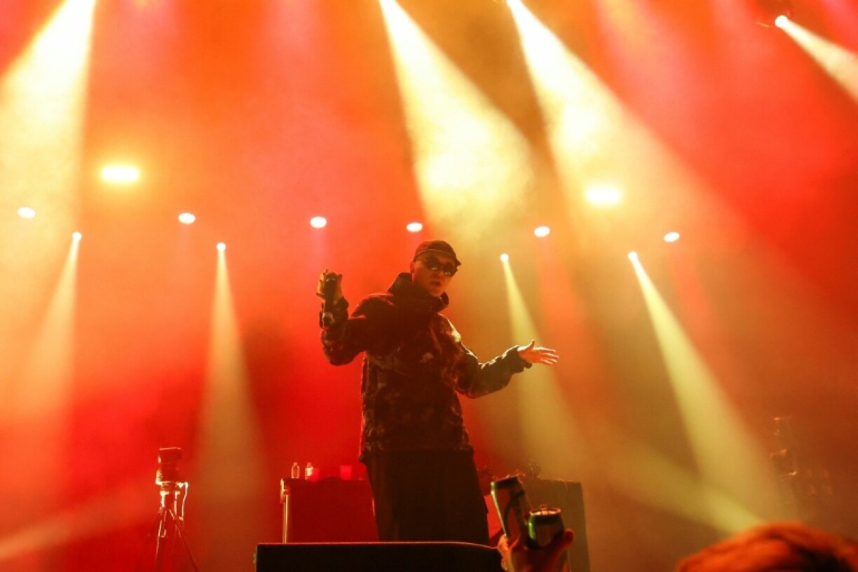 Mo Chara from Irish hip hop trio Kneecap onstage at the 2025 Coachella Valley