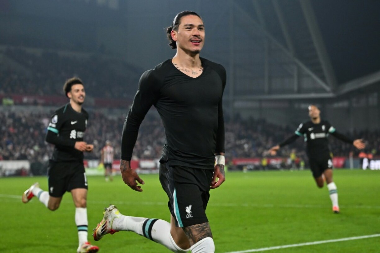 Darwin Nunez celebrates the first of his two goals in Liverpool's 2-0 win at Brentford