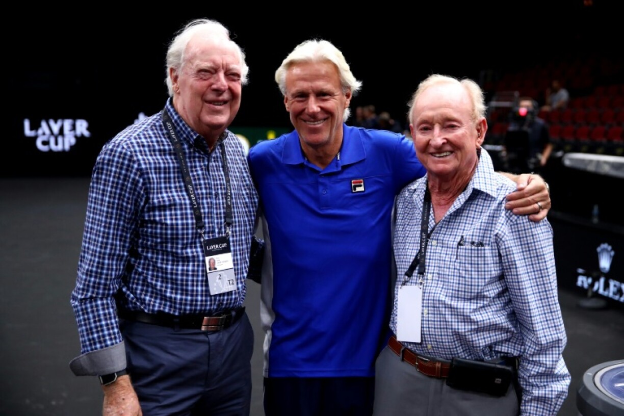 Fred Stolle (L) with Bjorn Borg (C) and Rod Laver (R)