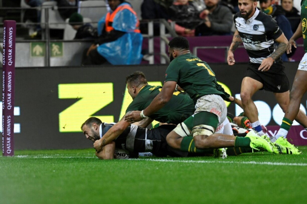 Melvyn Jaminet (L, pictured playing for the Barbarians) has not turned out for France since a racist video surfaced in June 2024