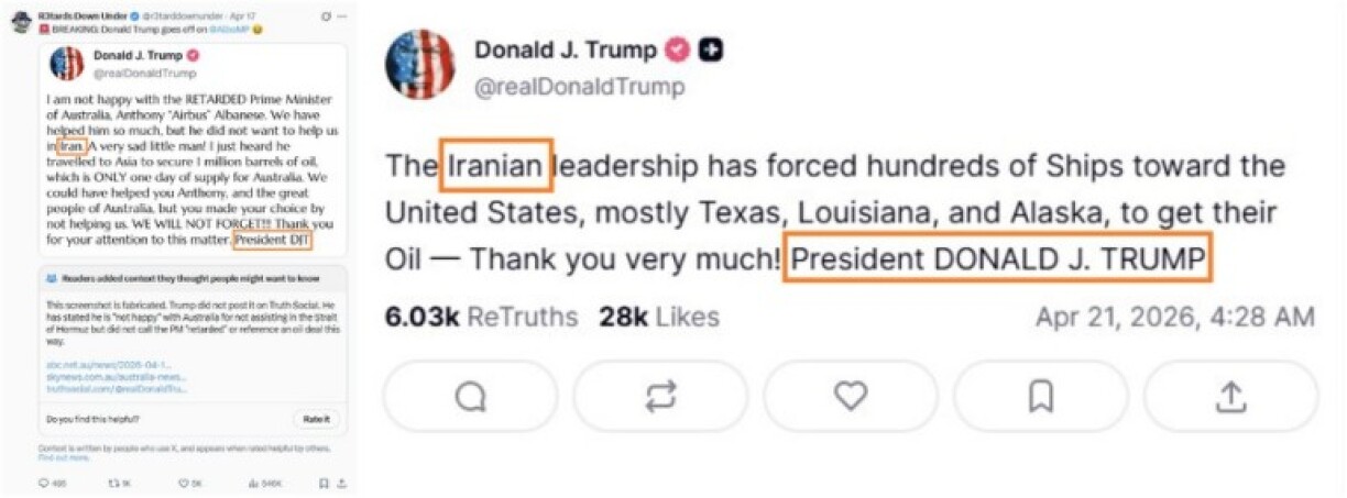 Screenshot comparisons of the fabricated Trump post (left) with a post from the US president's Truth Social account, with highlights in orange added by AFP to show the different fonts