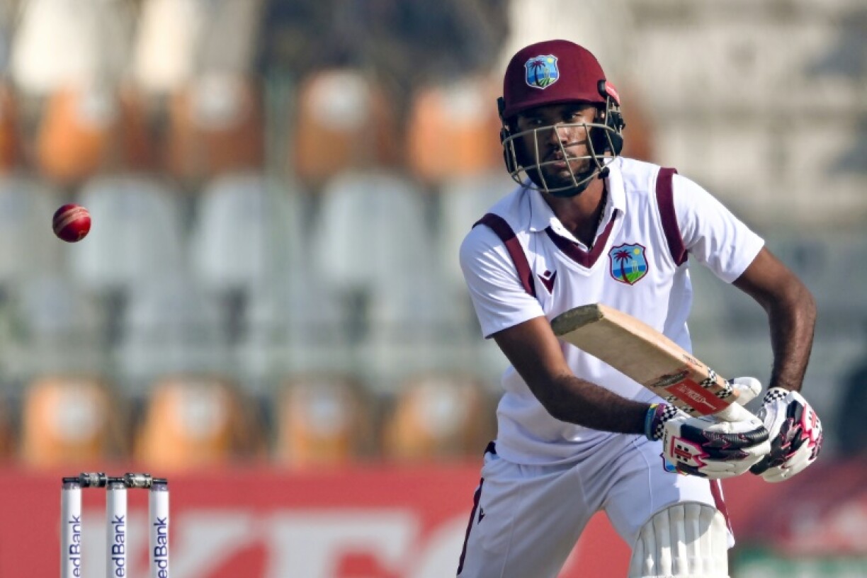 West Indies captain Kraigg Brathwaite plays a shot during the second day of the second Test