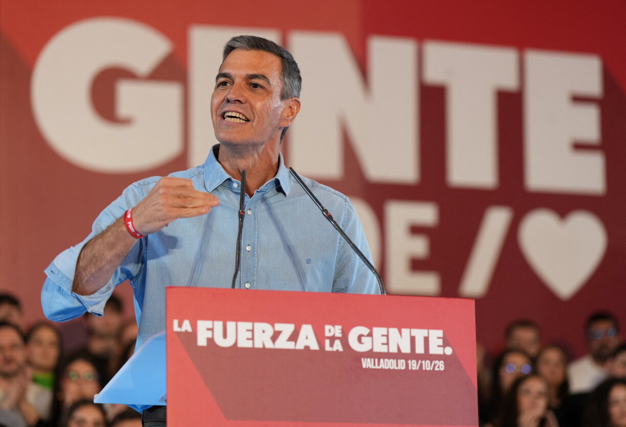 Spain's Prime Minister and Secretary-General of the Socialist Party Pedro Sanchez gestures as he talks during a pre-election campaign event in Valladolid on October 19, 2026 ahead of the November 29 early legislative elections.