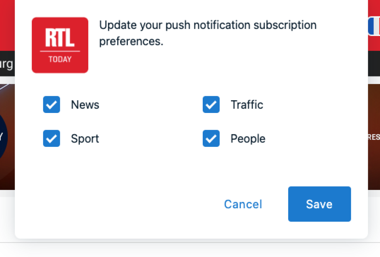 This is the Webpush category selection screen. We have four categories for RTL Today, and you can subscribe to as many or few as you would like.
