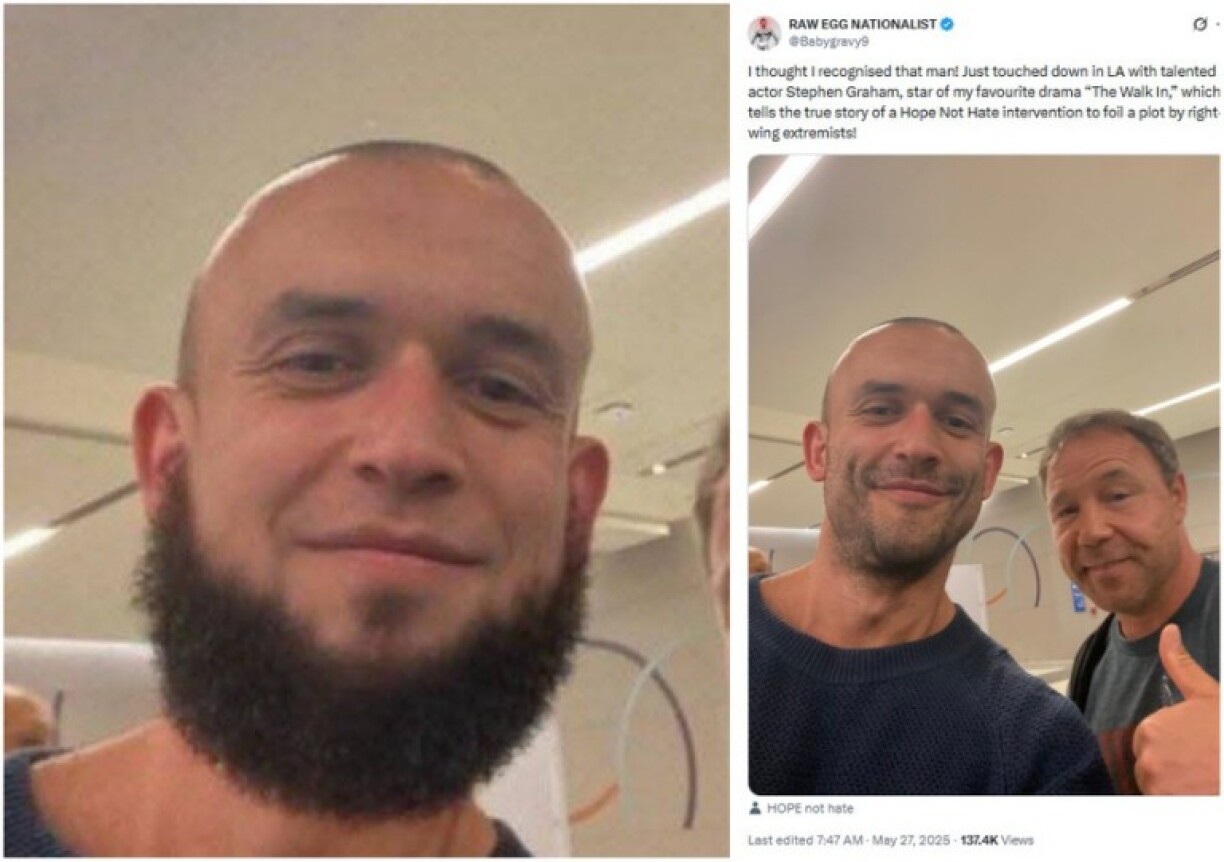 Screenshot comparison of the edited photo in the false post (L) and the original uploaded by Raw Egg Nationalist on his X account in May