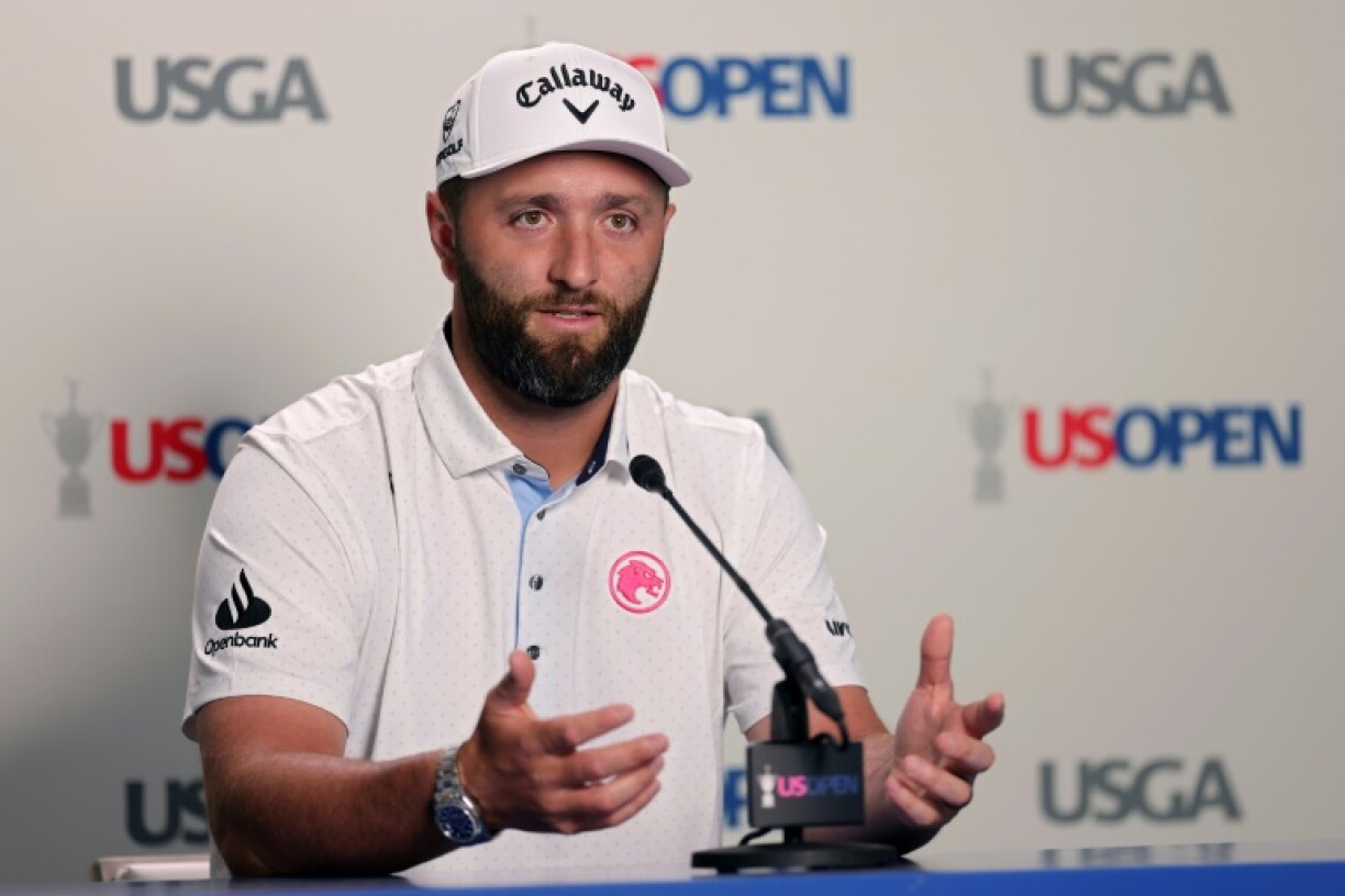 Two-time major winner Jon Rahm of Spain speaks before a practice round ahead of the 125th US Open at Oakmont