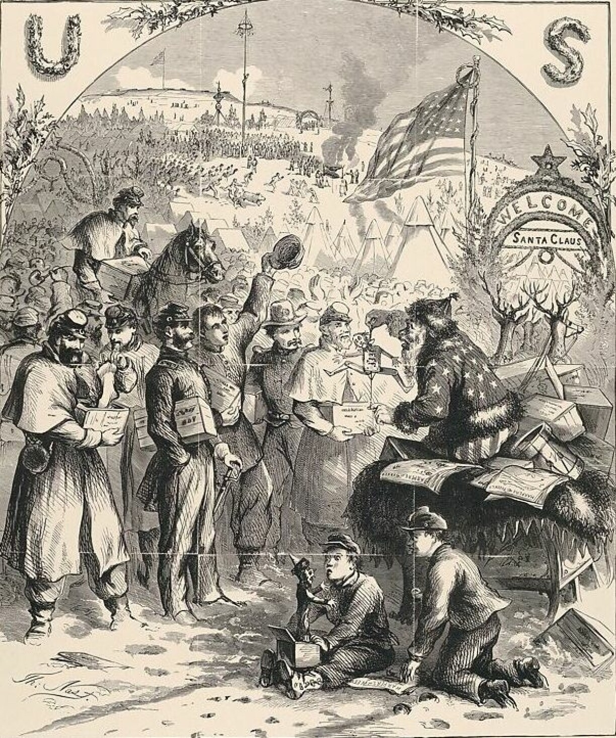 Santa Claus has arrived by sleigh in a Union army camp to distribute gifts