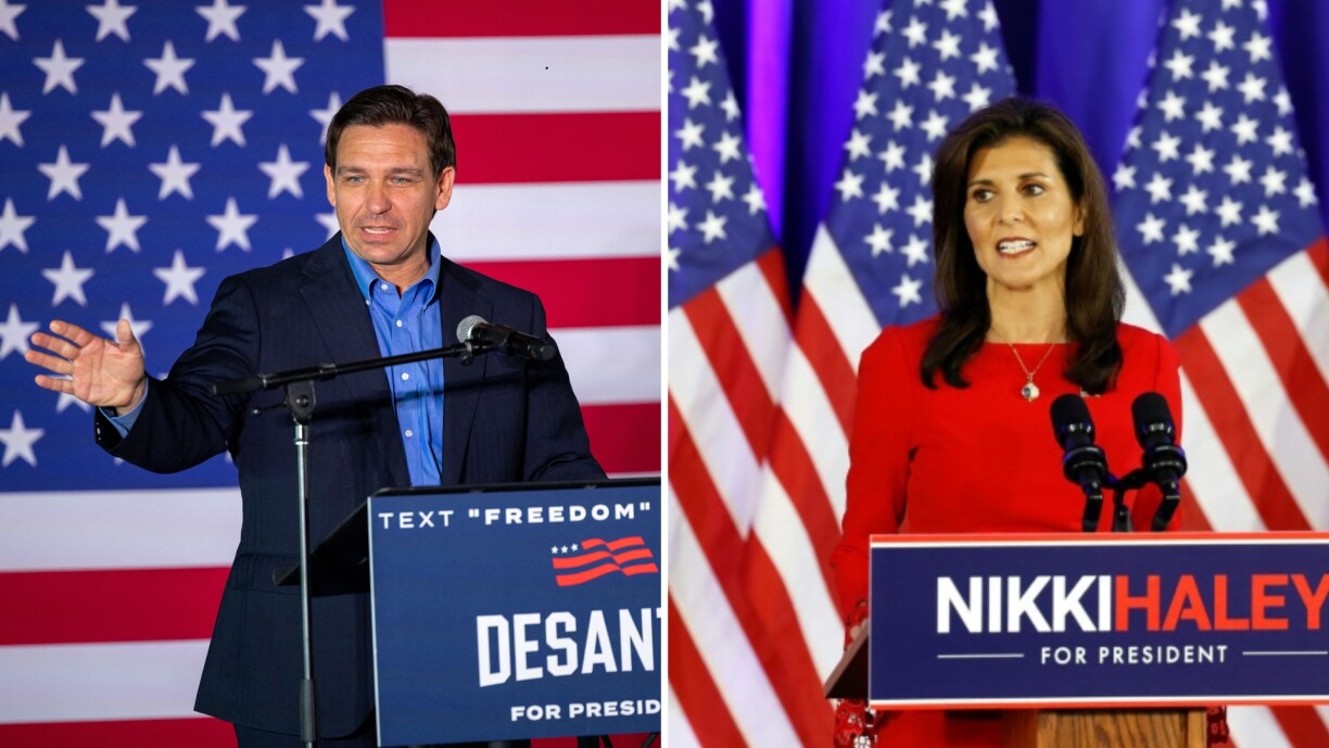 Florida Governor Ron DeSantis (left) and former UN Ambassador Nikki Haley (right) were the two most serious challengers for the Republican nomination, but both suspended their campaigns due to Trump's overwhelming lead.