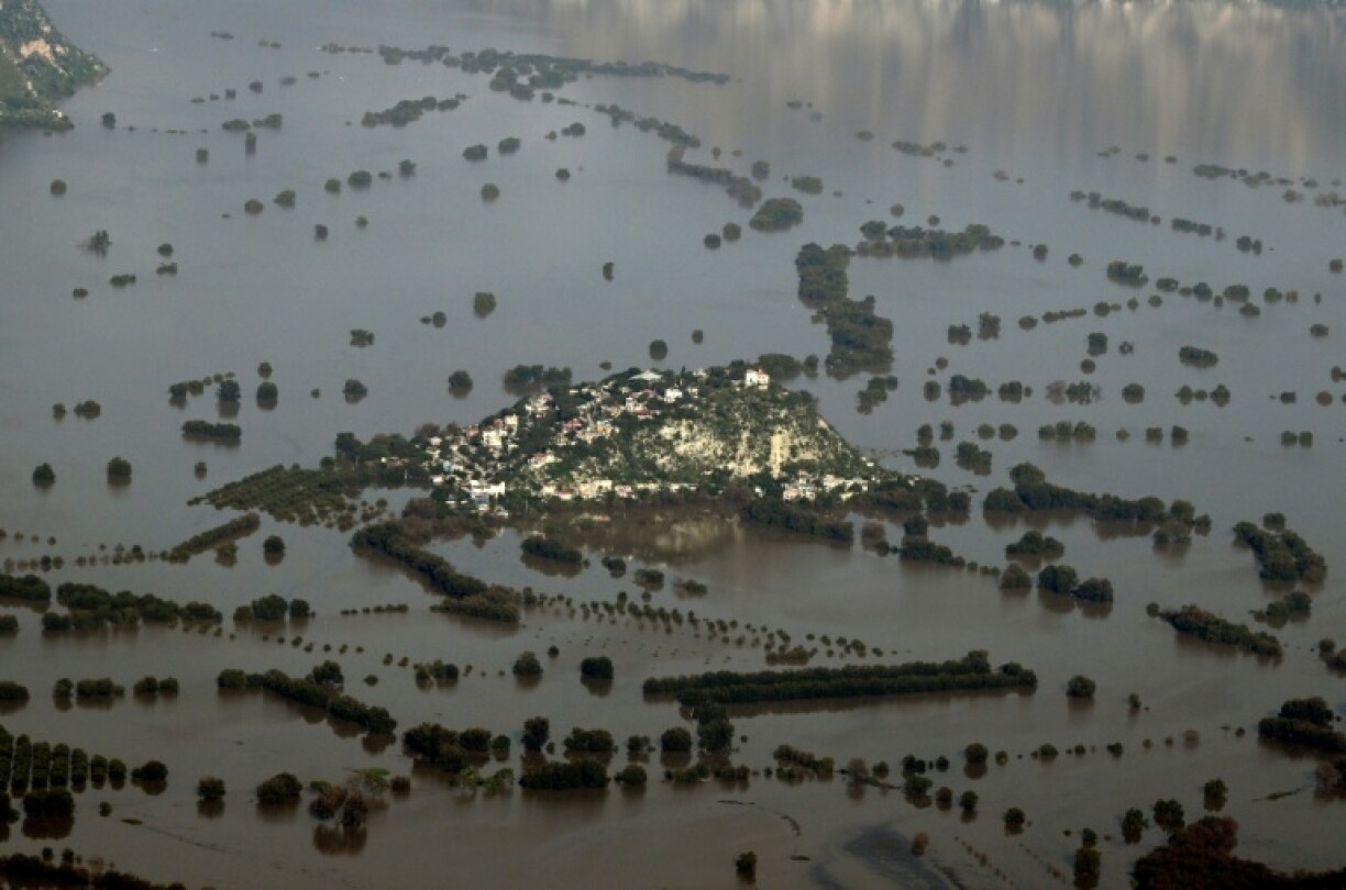 An aerial view of the flooded town of Tlacotepec in Mexico's Hidalgo state