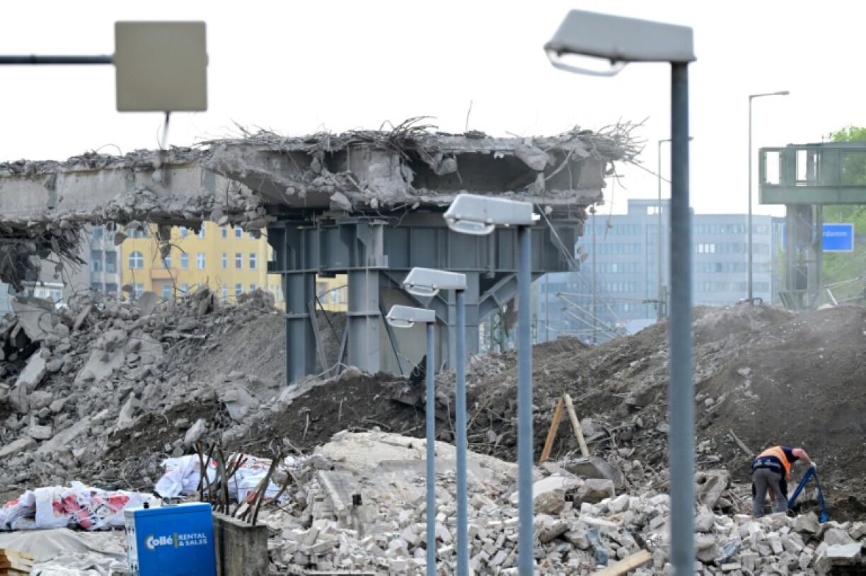 A demolished section of the 'Ringbahn' bridge of the A100 motorway in Berlin's Charlottenburg district