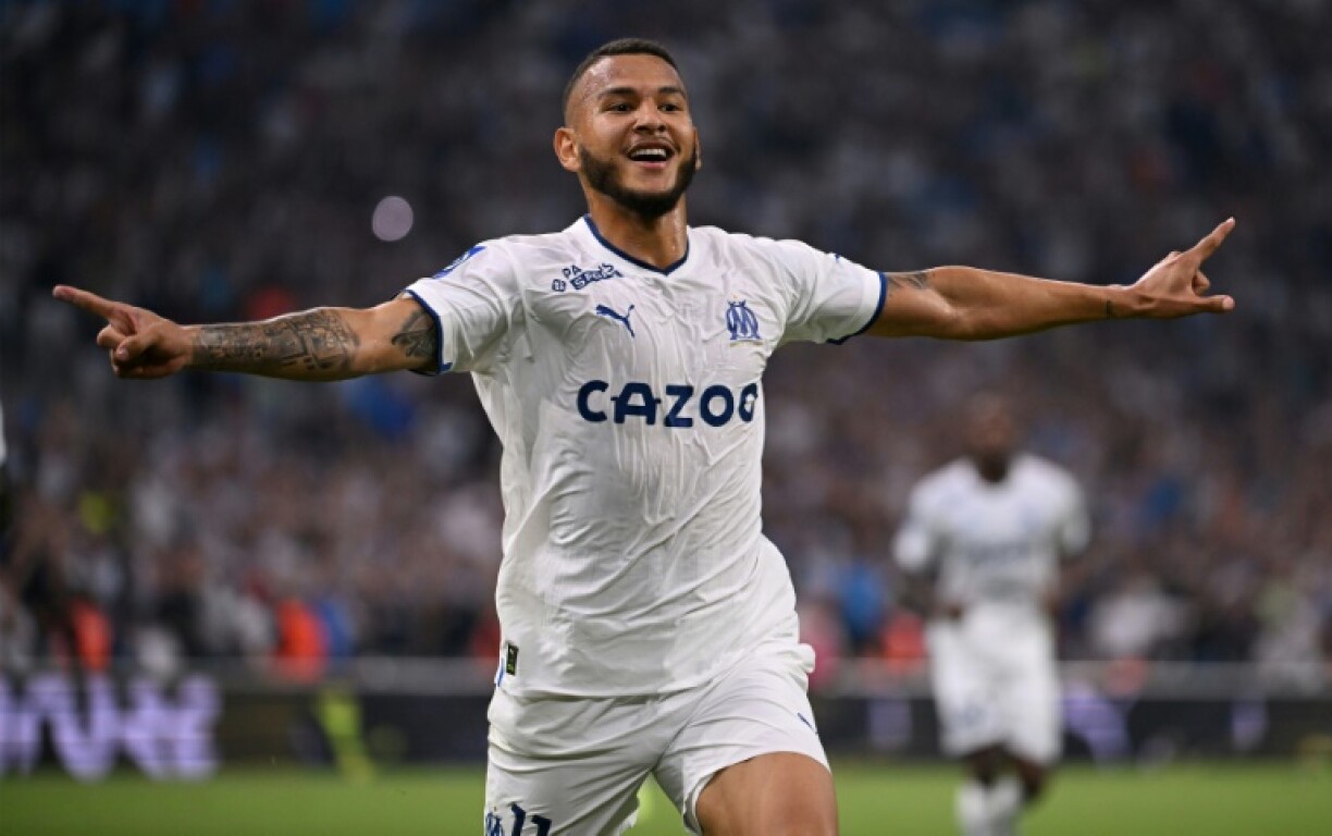 La joie de l'attaquant colombien de Marseille, Luis Suarez, après avoir marqué le 3e but face à Reims, en clôture de la 1ère journée de Ligue 1, le 7 août 2022 au Stade Vélodrome