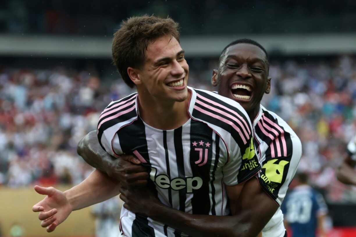 Kenan Yildiz (L) with Randal Kolo Muani after scoring his second goal in a 4-1 win for Juventus against Wydad Casablanca at the Club World Cup