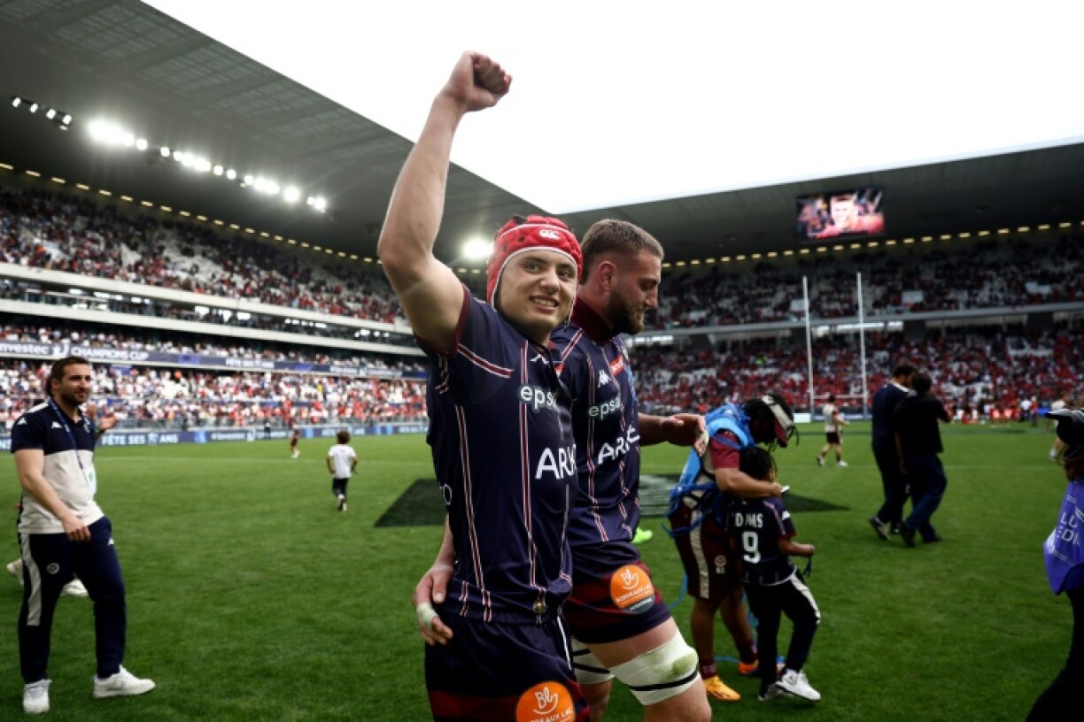 Louis Bielle-Biarrey celebrates after scoring twice as Bordeaux-Begles reached the European Champions Cup final