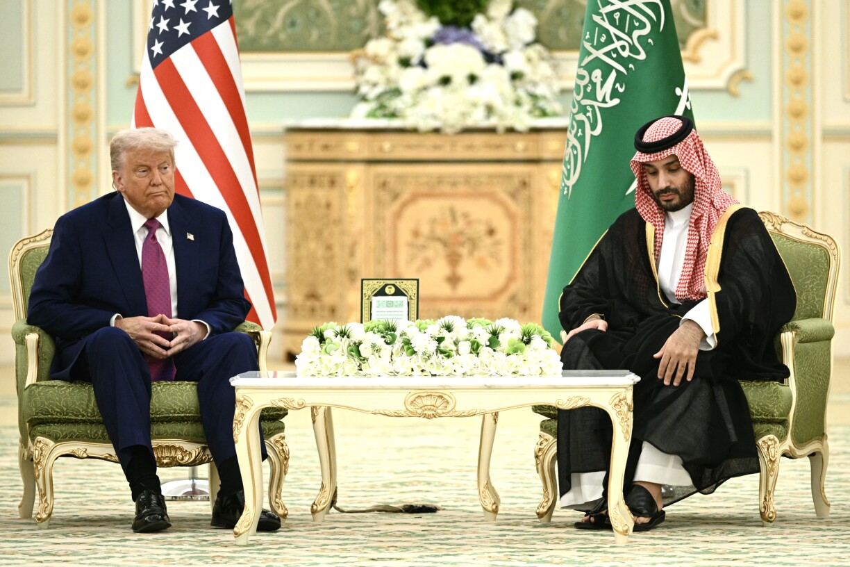 US President Donald Trump and Saudi Crown Prince Mohammed bin Salman look on during a bilateral meeting in Riyadh on May 13, 2025.