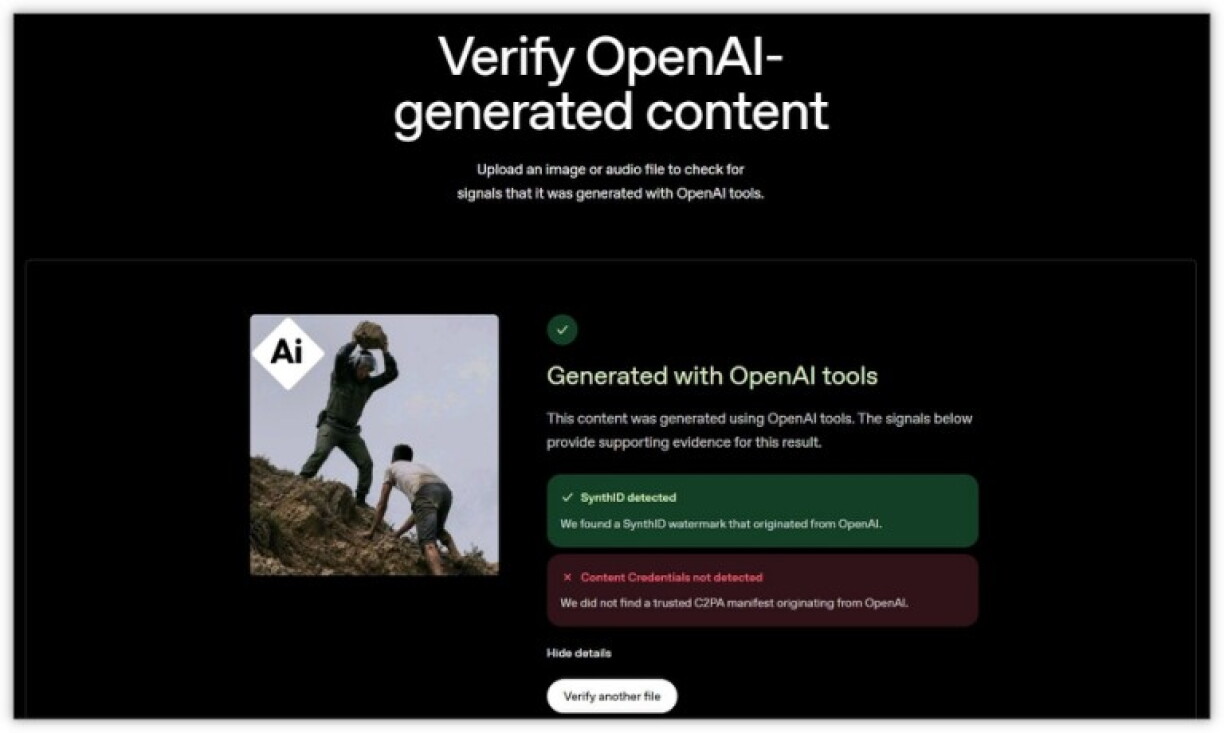 Screenshot of results from OpenAI's verification tool, taken on August 4, 2026. AI symbol added by AFP