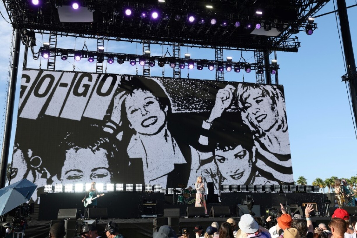 (L/R) US guitarist Charlotte Caffey, US singer-songwriter Belinda Carlisle, US musician Gina Schock, US musicians Kathy Valentine and Jane Wiedlin of The Go-Go's reunited for a Coachella 2025 performance