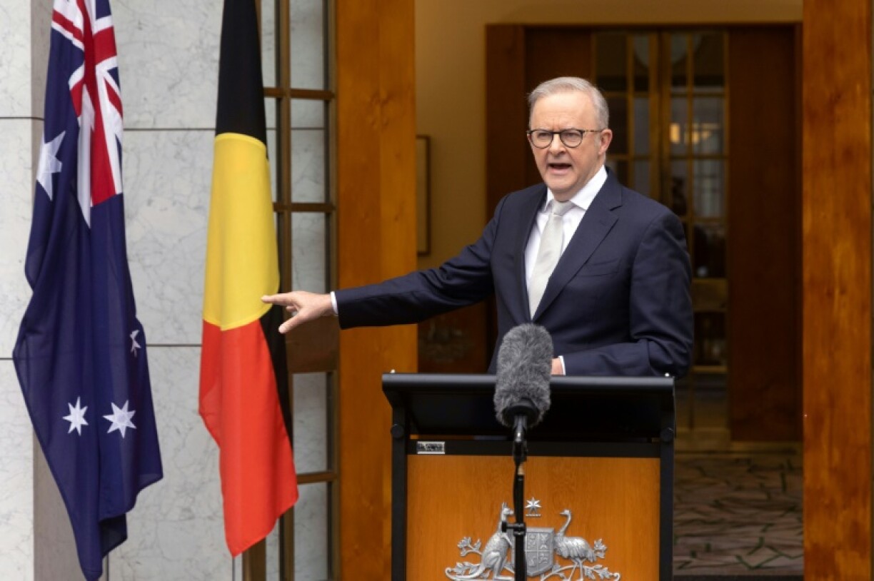Australia’s Prime Minister Anthony Albanese gestures during a press conference at Parliament House in Canberra after announcing May 3 as the date for elections