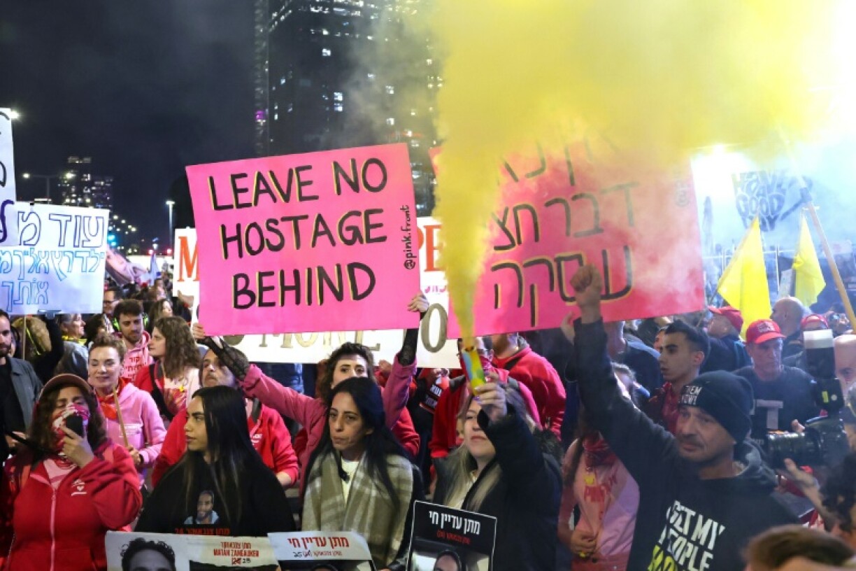 Israeli supporters of the hostages, who have kept up a campaign for their negotiated release for months, demonstrate in Tel Aviv on Saturday