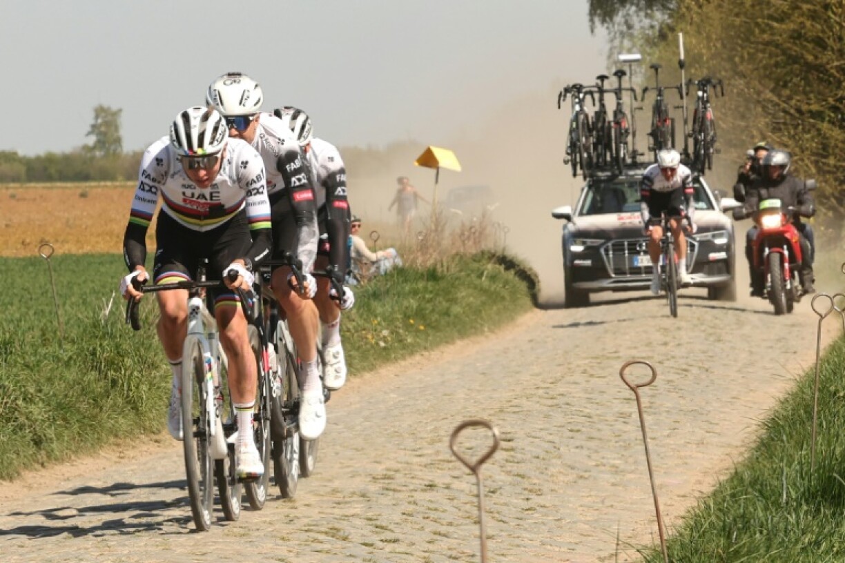 Tadej Pogacar (left) led a Team UAE training run over the cobbles ahead of his first Paris-Roubaix