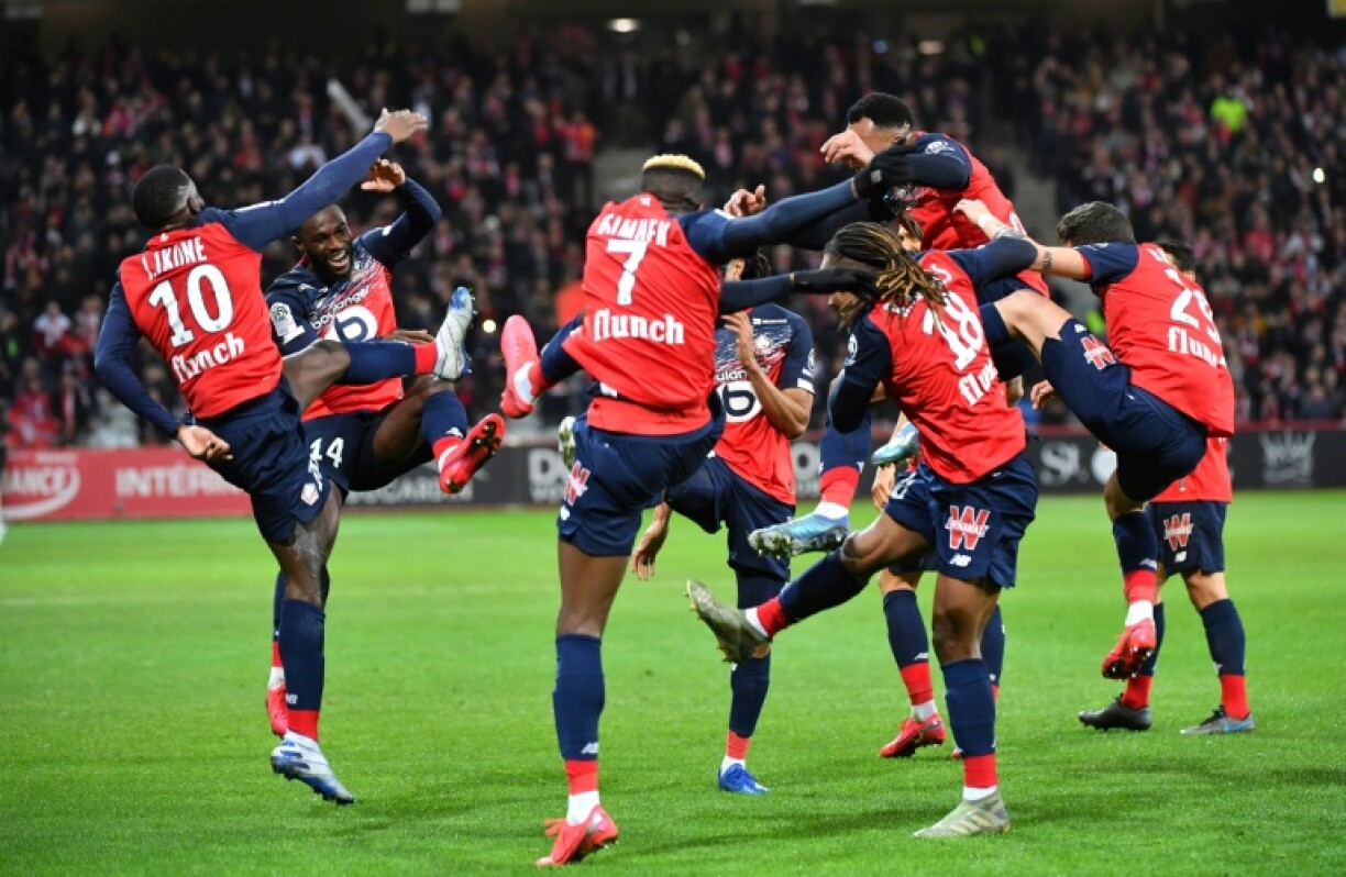 Les joueurs du LOSC célèbrent un but face à l'Olympique lyonnais en Ligue 1, le 8 mars 2020