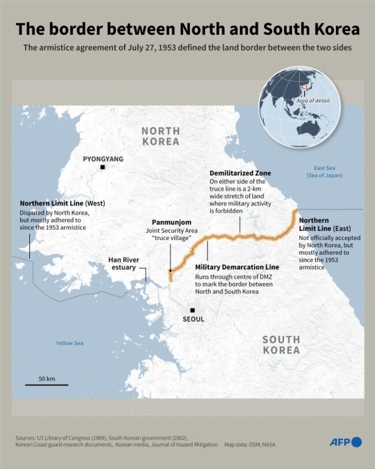 Infographic map showing the Demilitarized Zone on the border between North and South Korea