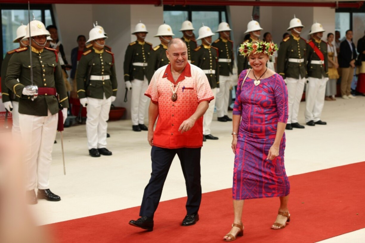 Cook Islands leader Mark Brown (L), pictured in 2024, says a deal with China supports a broader pact on cooperation in trade, investment and the seabed minerals sector