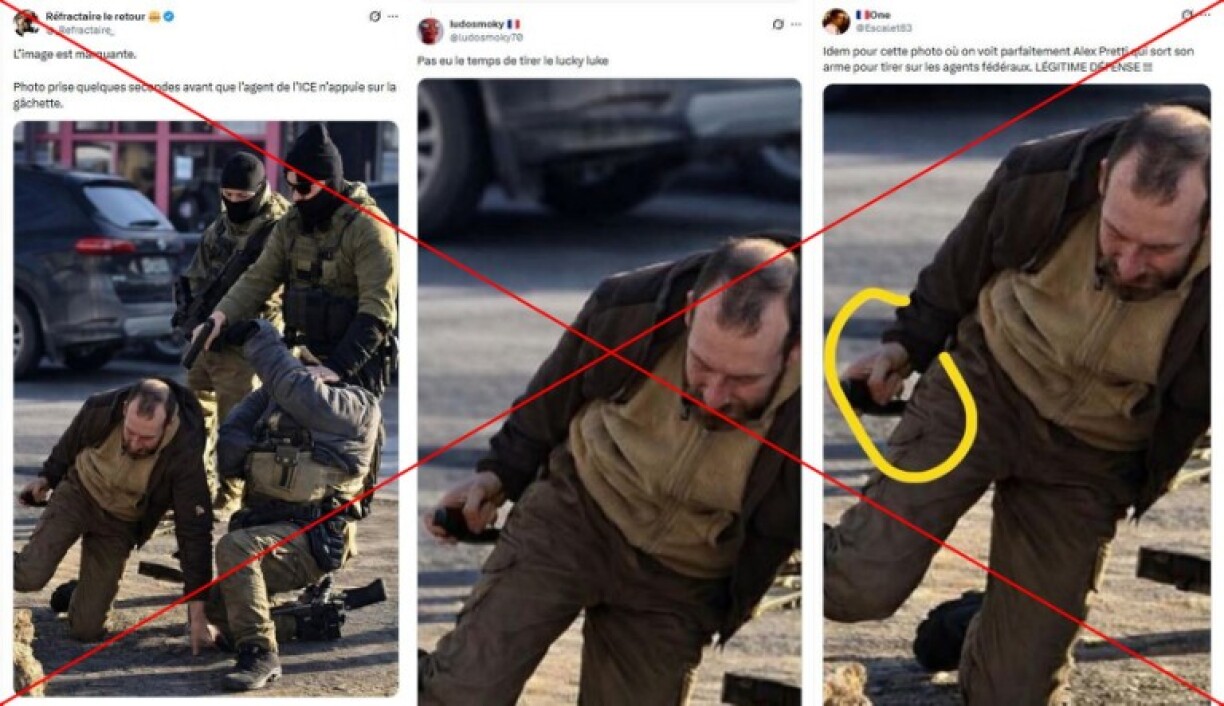 Captures d'écran réalisées sur X, le 27/01/2026. Croix rouge ajoutée par l'AFP. Le cercle jaune appartient à la publication d'origine.