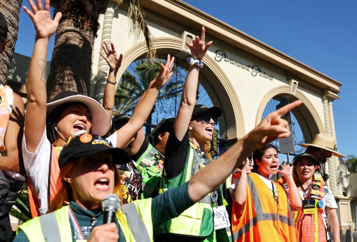 Members of an actors' guild protest as part of a strike against the Hollywood studios in November 2023 in Los Angeles, California