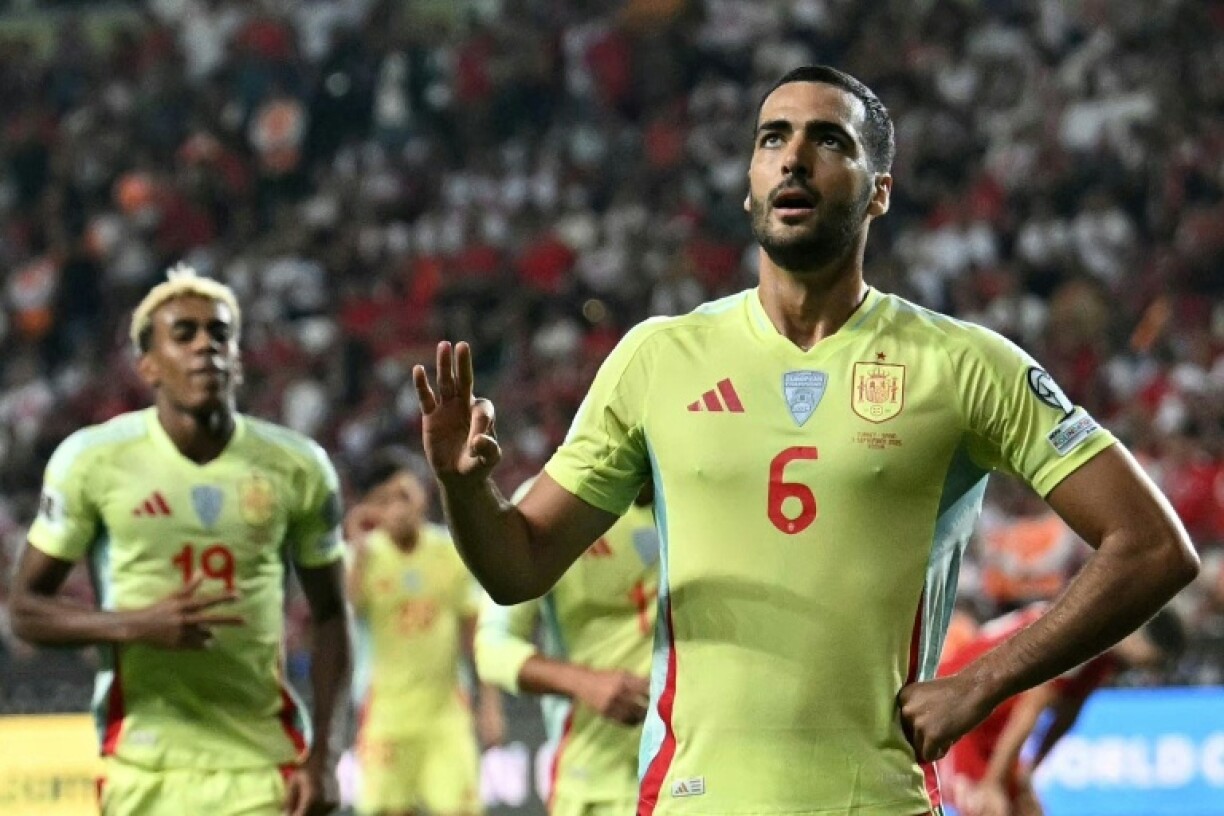 Spain's midfielder Mikel Merino celebrates after completing his hat-trick against Turkey in World Cup qualifying