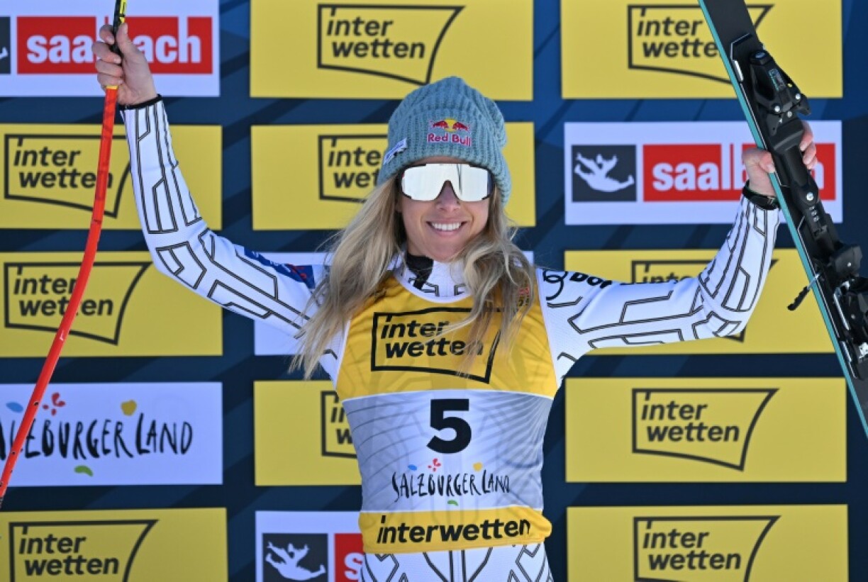 Czech Republic's Ester Ledecka celebrates after her bronze-medal showing in the downhill in the world championships in Saalbach