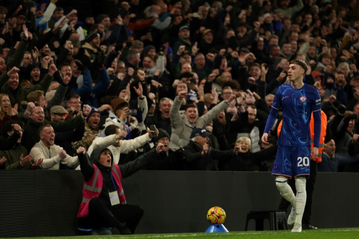 Chelsea's Cole Palmer celebrates after his deflected cross produced the winner against West Ham