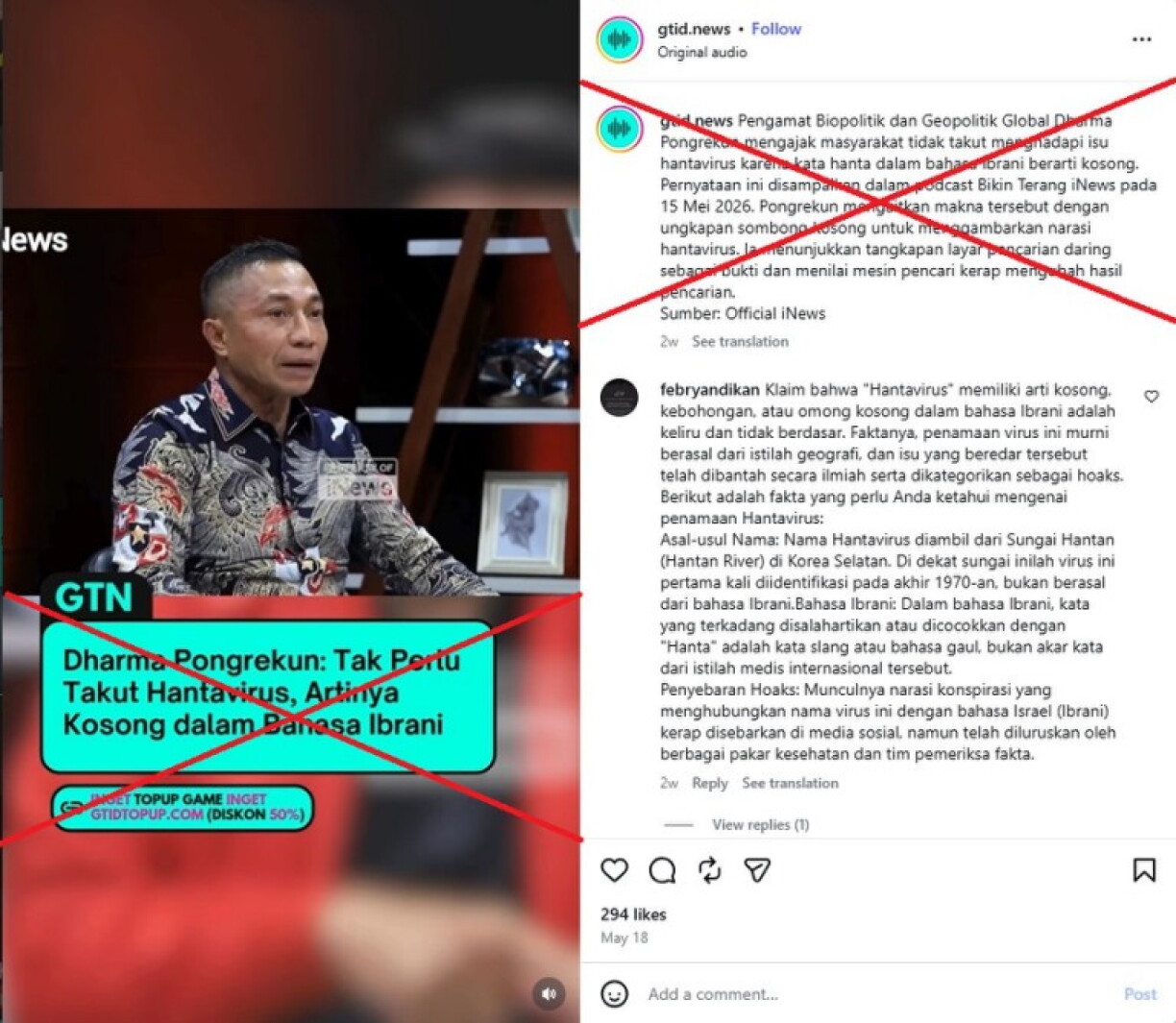 Screenshot of the false post captured on June 3, 2026, with a red X mark added by AFP