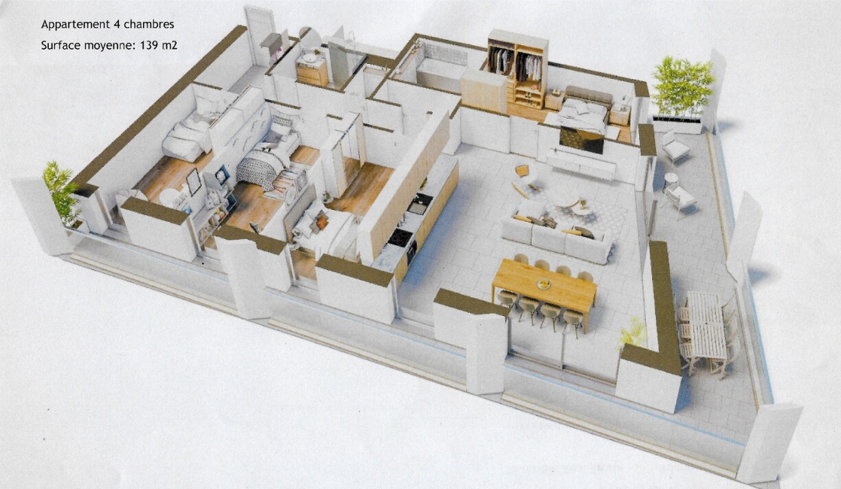 On trouvera des appartements d'une surface de 89 à 139m2, avec pour chacun une grande terrasse.