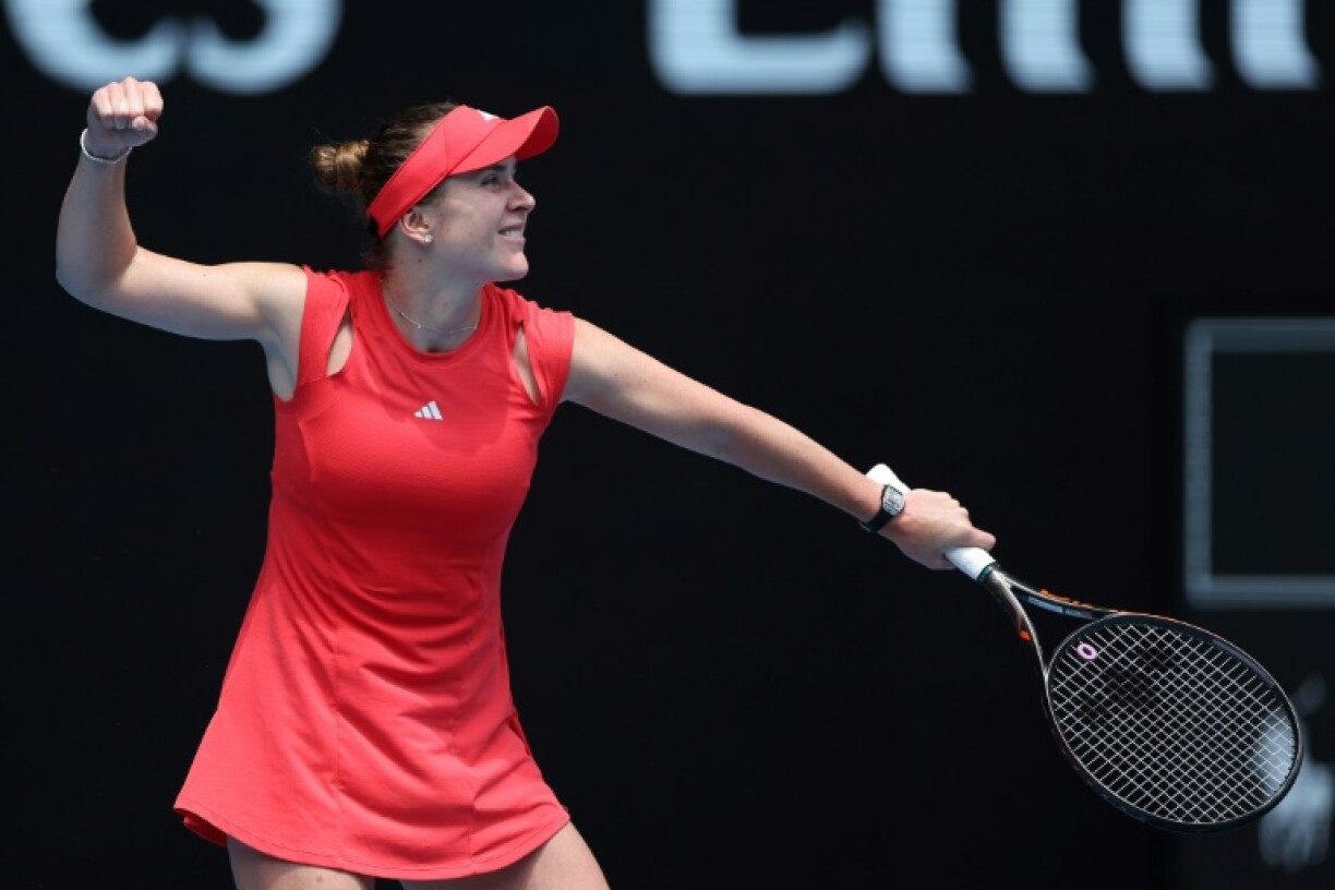 Elina Svitolina celebrates her victory against Veronika Kudermetova