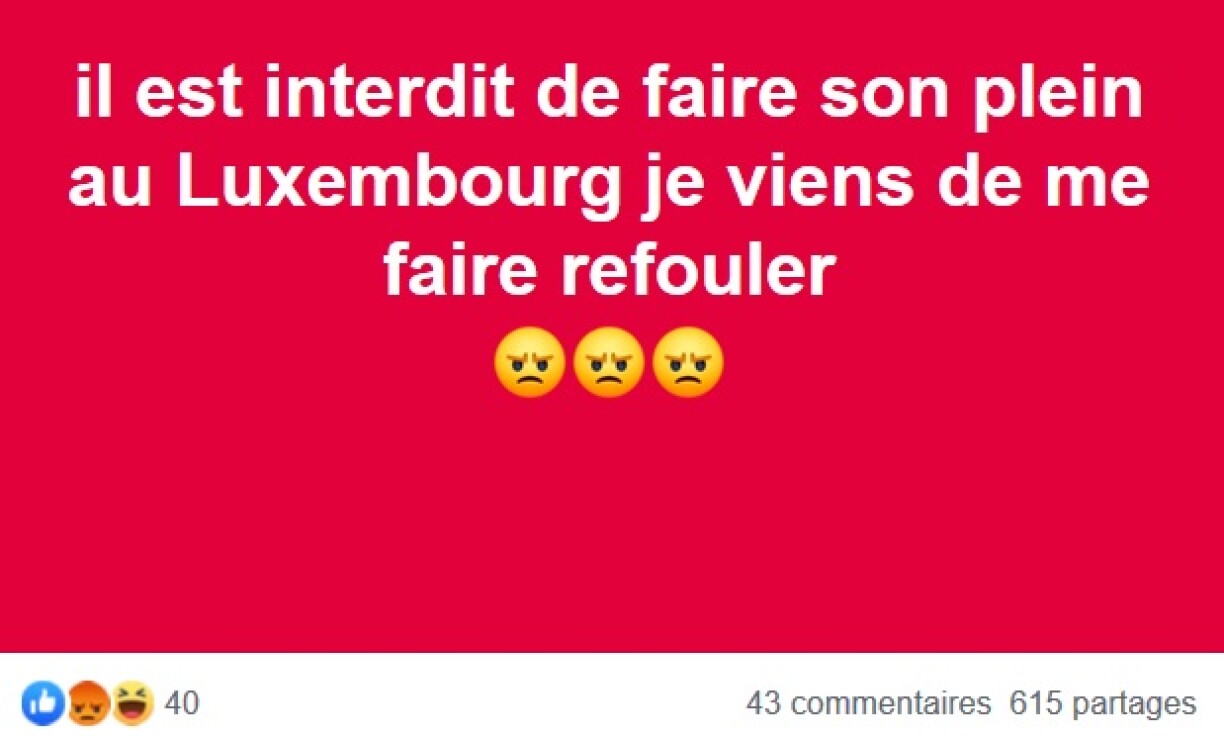 Un internaute se plaignant sur Facebook de ne pas avoir pu faire le plein au Luxembourg.