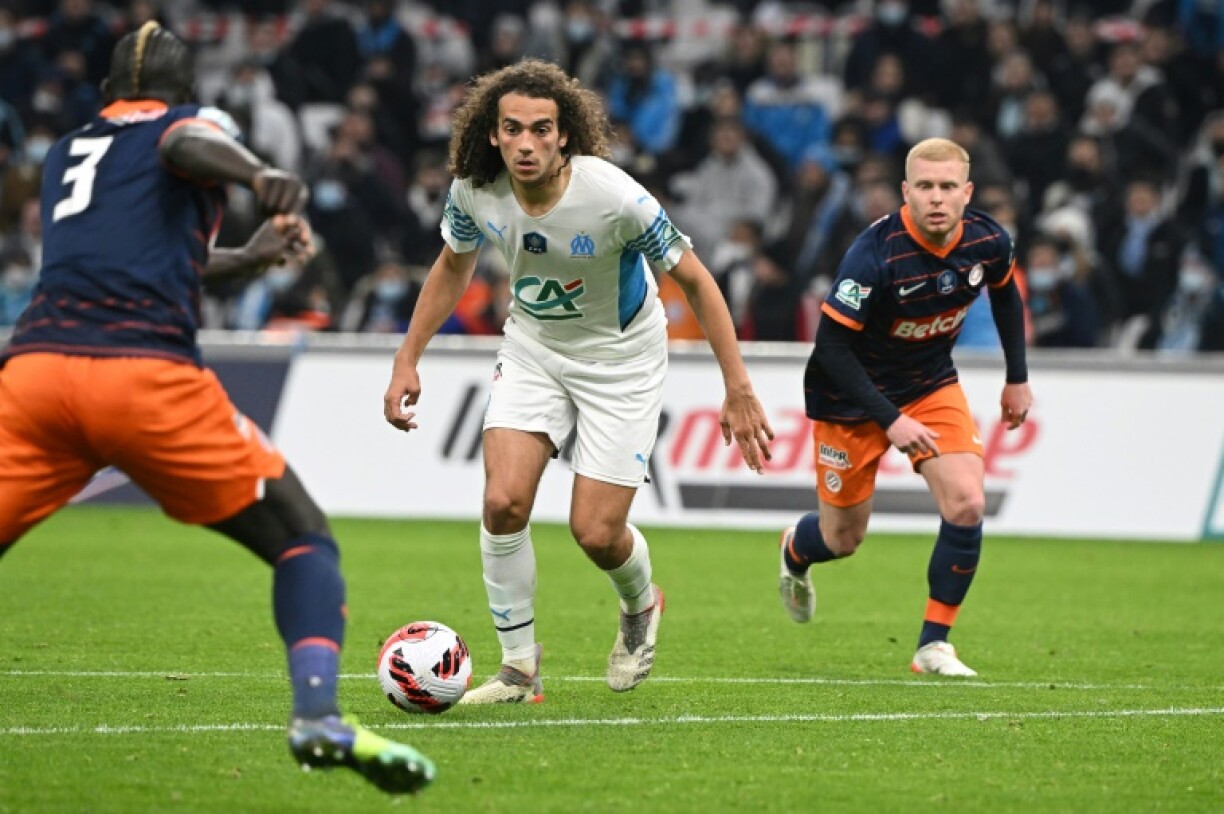 Le milieu de Marseille Matteo Guendouzi (c) contre Montpellier en 8e de finale de Coupe de France, le 29 janvier 2022 au stade Vélodrome
