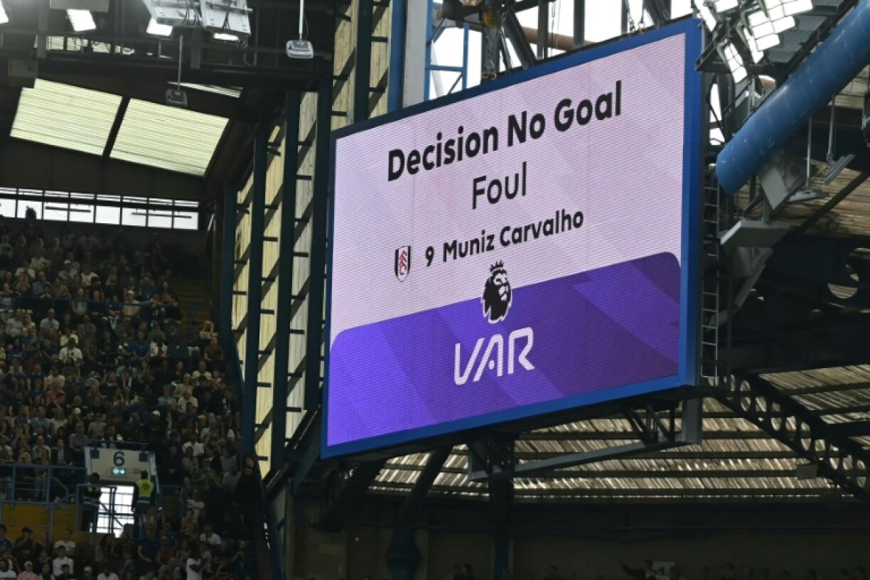The big screen at Stamford Bridge reveals Fulham's controversial disallowed goal